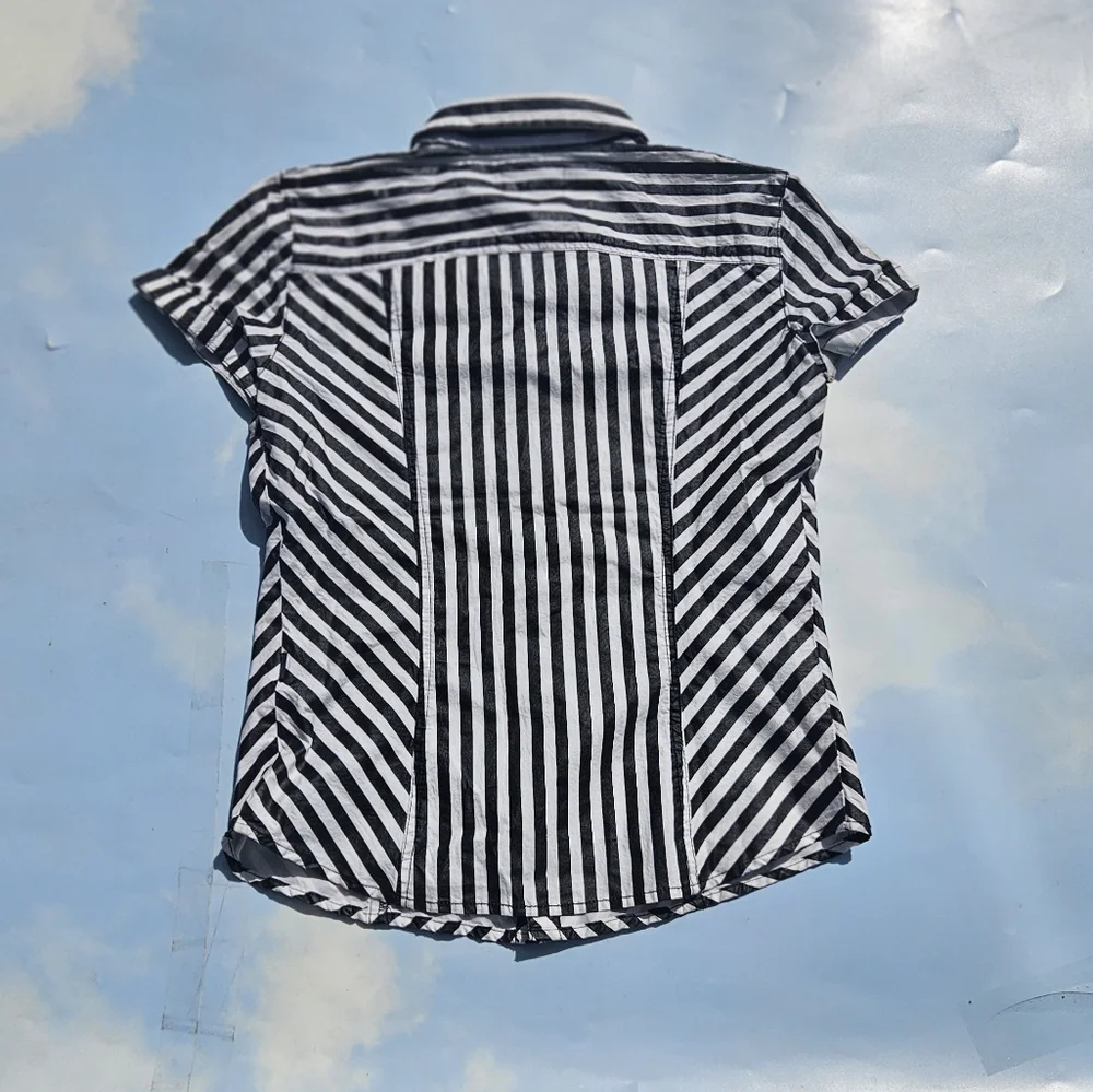 Tripp NYC Black & White Top Y2k Early 2000s Short Sleeve Button Down Goth Tripp - Picture 11 of 12